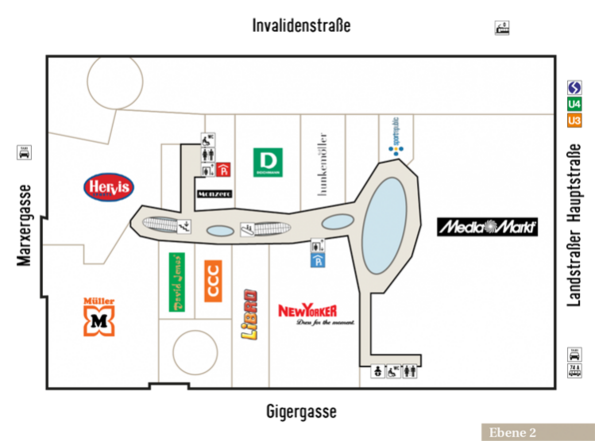 Plan von Ebene 2 des Einkaufszentrums Wien Mitte The Mall 