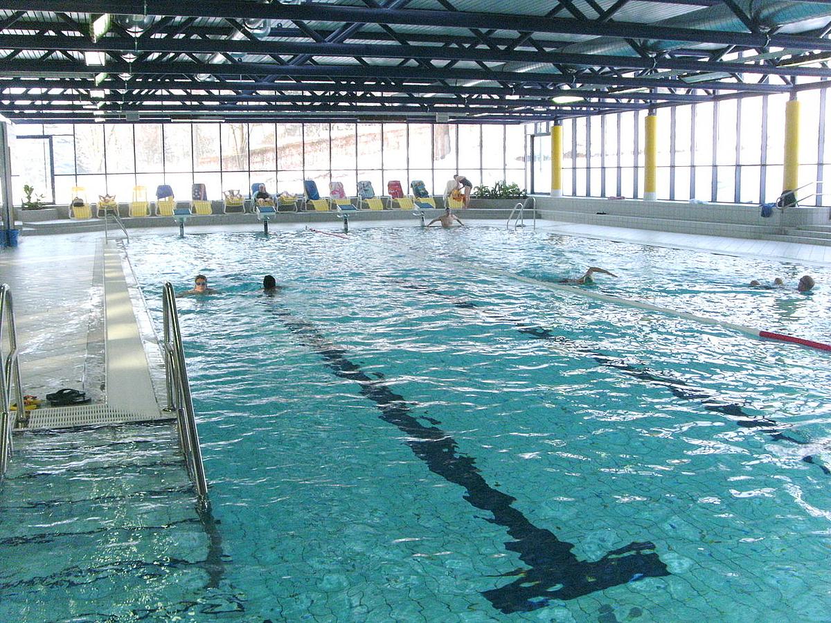 In einem großes rechteckiges Sportbecken schwimmen Menschen mit Badehaube.
