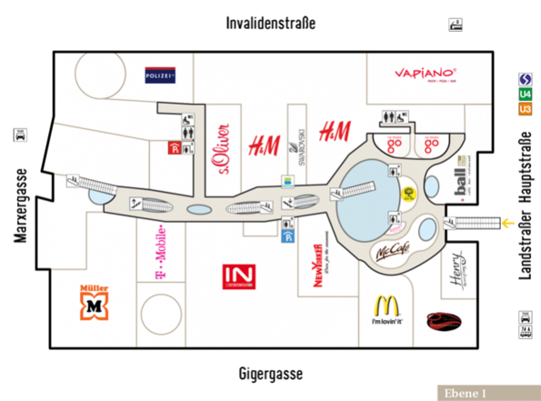 Plan von Ebene 1 des Einkaufszentrums Wien Mitte The Mall
