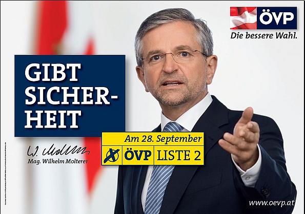 Wahlplakat ÖVP zur NRW 08 mit Wilhelm Molterer und dem Slogan Gibt Sicher-heit