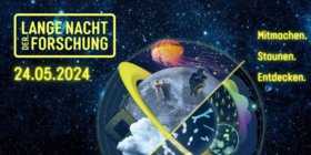 Banner Lange Nacht der Forschung 2024: Verschiedene Facetten der Wissenschaft (z.B. der Mond, Astronaut, Qualle) zusammengefügt mit dem Weltall im Hintergrund.