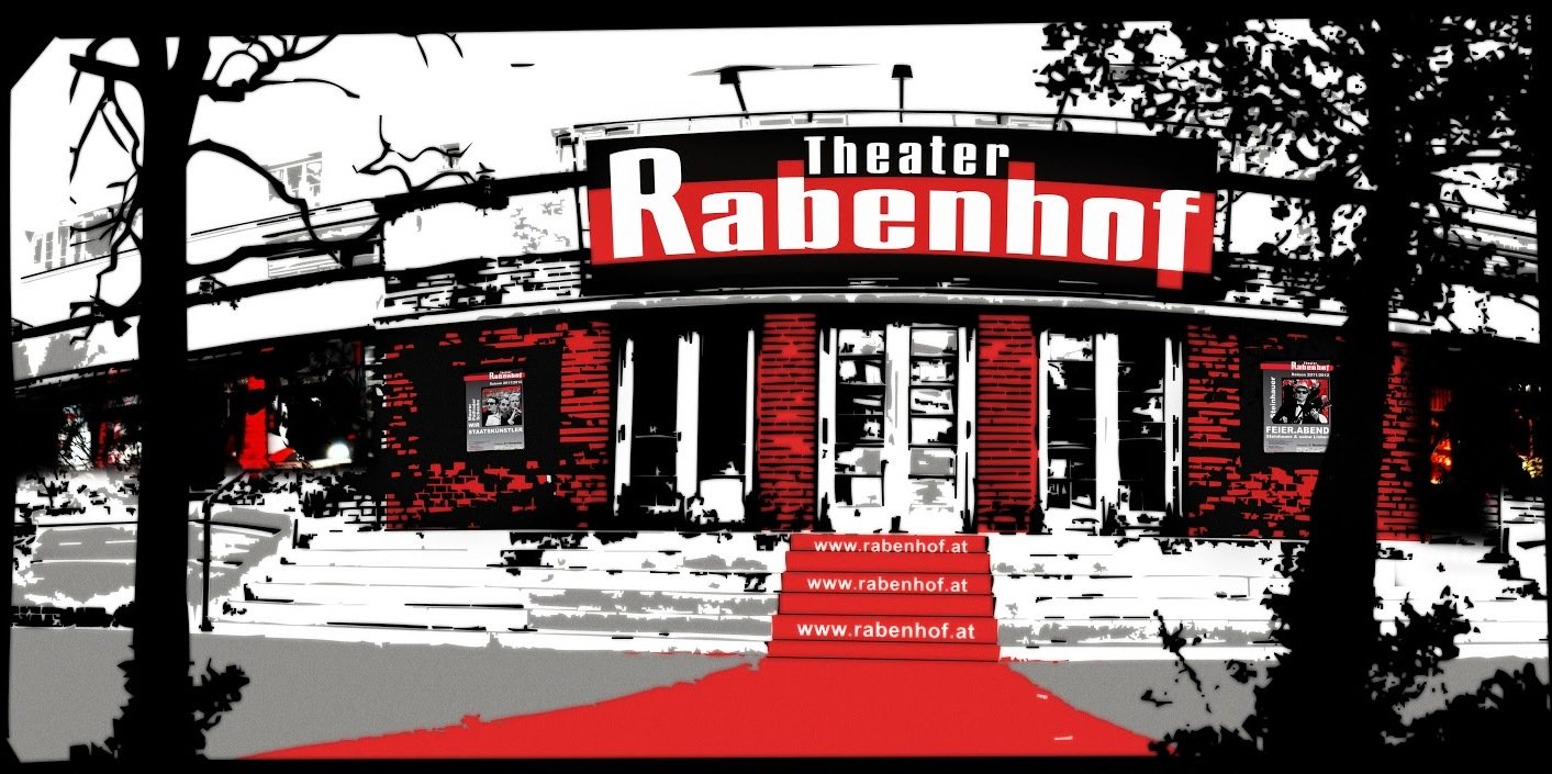 Frontansicht des Rabenhof Theaters Wien in den Farben Rot, Schwarz und Weiß