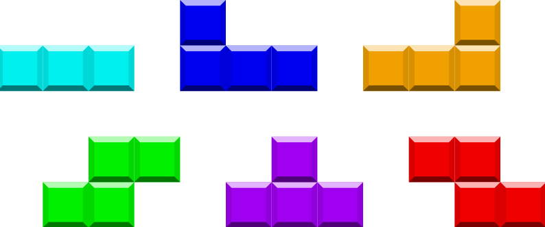 Tetrisbausteine in blau, orange, grün, rot und violet