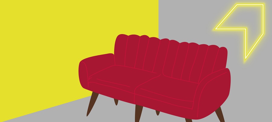 Digitaler Salon mit Animation von rotem Sofa auf gelb-grauem Hintergrund