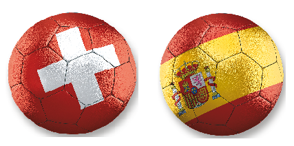 Zwei Fußbälle in den Nationalfarben der Schweiz und von Spanien