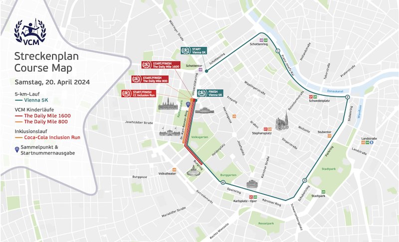 Das Bild zeigt die Strecke der Samstagsbewerbe des Vienna City Marathons.
