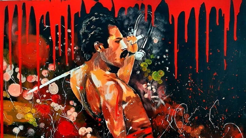 Freddy Mercury mit nacktem Oberkörper von Maler David Strauss auf einem Bild gemalen