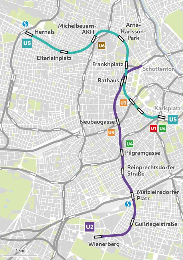 Strecke der U-Bahn 5 in Wien nach Ausbau