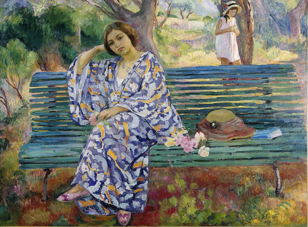 Farbenfrohes Öl Gemälde auf Leinwand, das eine Frau sitzend auf einer grünen Bank zeigt von Henri Lebasque.
