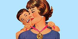 Zeichnung retro mit Junge, der der Mutter eine Medaillie um den Hals hängt