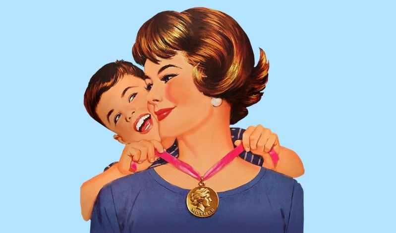 Zeichnung retro mit Junge, der der Mutter eine Medaillie um den Hals hängt