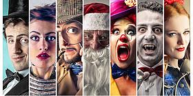 Menschen in verschiedenen Kostümen: Zylinder und Frack, Detektiv, Weihnachtsmann, Clown, Vampir