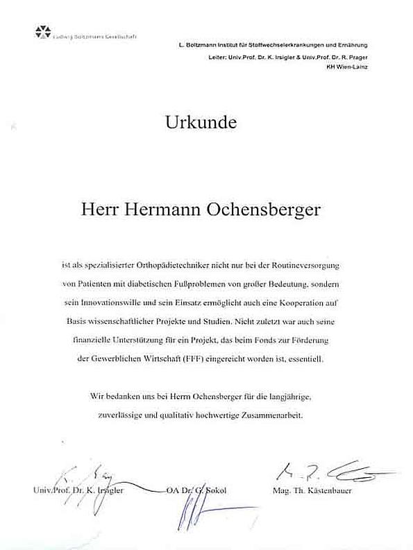 Urkunde an Hr. Hermann Ochensberger von TU Wien