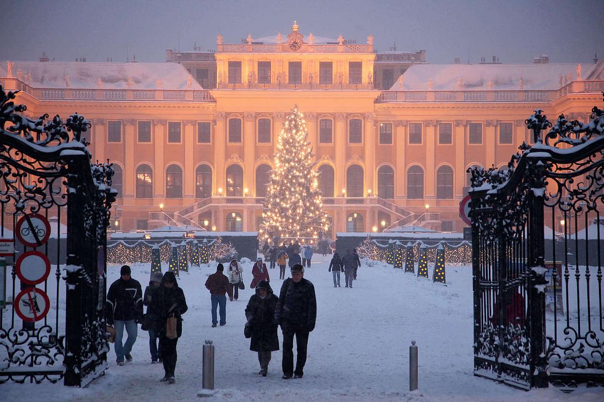 Totale von Schloss Schönbrunn mit Weihnachtsbaum im Schnee