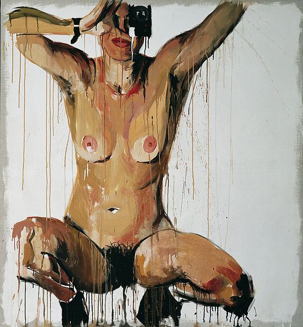 Portrait einer nackten Frau, die sich mit Farbe übergießt vom Künstler Krystufek