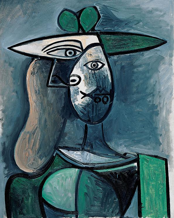 Frau mit Hut durch eckige Forme in den Farben grau, grün und braun von Picasso gemalt.