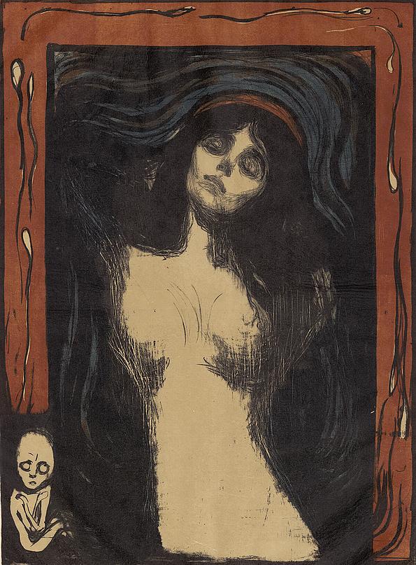 MADONNA von Edvard Munch: 1895/1902, Farblithographie mit Lithokreide, -tusche und Nadel in Schwarz, Oliv, Blau und Rot / Japanpapier