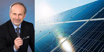 Links Steuerberater Mag. Dr. Hugo M. MLEJNEK, rechts Solarpanels einer PV-Anlage
