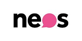 Schwarzer Schriftzug "neos", mit pinker Sprechblase statt O