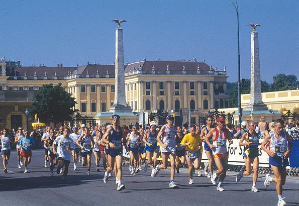 Läuferinnen und Läufer passieren das Wiener Rathaus
