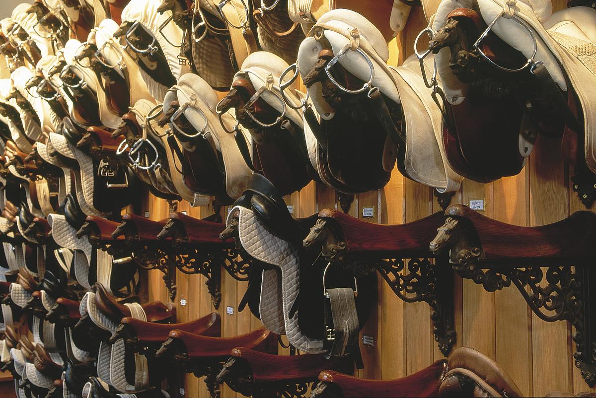 Bild von Satteln, die in der Sattelkammer der Spanischen Hofreitschule hängen.