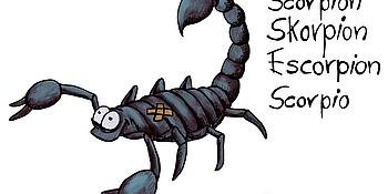 Skorpion als Comic mit Schriftzug Scorpion, Skorpion, Escorpion, Scorpio