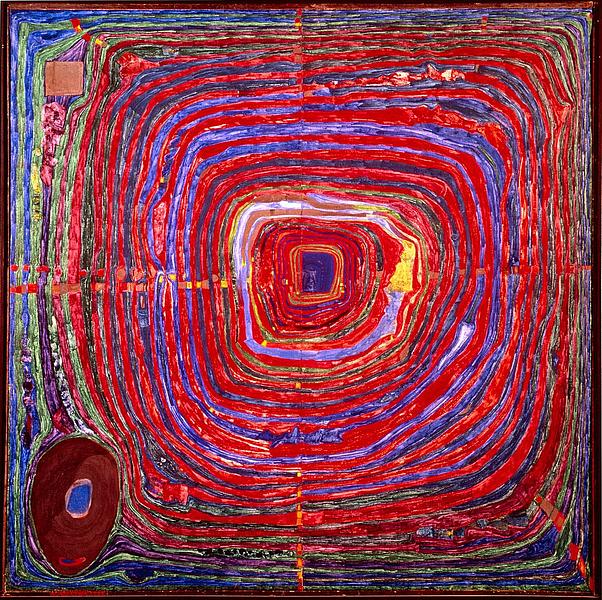 Labyrinth aus kreisförmigen Wegen in den Farben Rot, Pink und Violet von Hundertwasser

