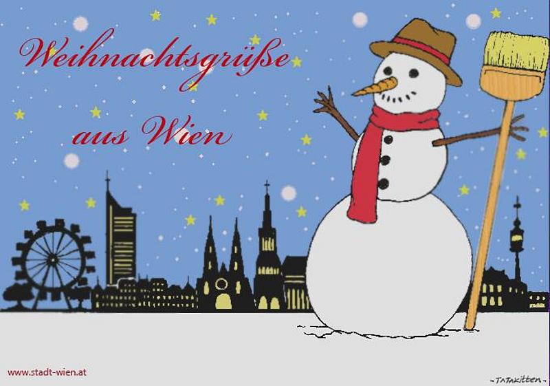 Wiener Weihnachtskarte mit Skyline und Schneemann
