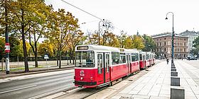 Wiener Straßenbahn hält an einer Haltestelle an.