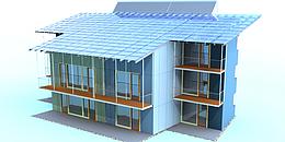 Model eines Plusenergiehauses, zweistöckig mit Solarzellen am Dach