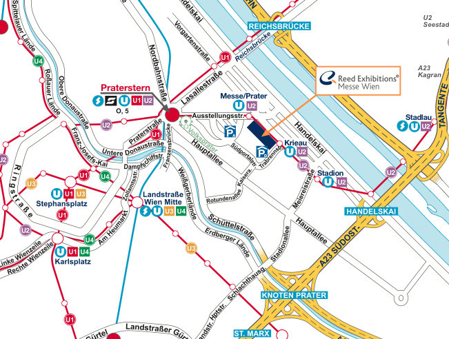 Das Bild zeigt eine Anfahrtsskizze zur Messe Wien. Neben Straßen und Autobahnen, die zur Messe Wien führen, sind auch U-Bahn-Stationen und Bushaltestellen in der Nähe der Messe Wien verzeichnet. 