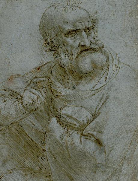 Apostelzeichnung von Leonardo da Vinci mit brauner Feder gezeichnet.
