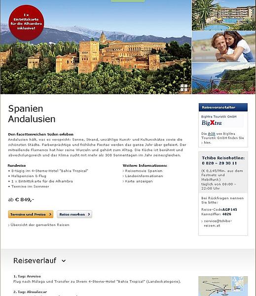 Screenshot Beschreibung Spanien bzw. Andalusien Rundreise von Tchibo