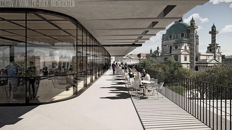 Architekturrendering des neuen Wien Museums zeigt den Entwurf der Terrasse, im Hintergrund die Karlskirche