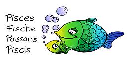 Großer und kleiner Fisch mit Luftblasen sowie Schrift links Pisces, fische, Poissons, Piscis