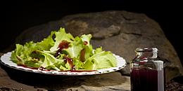 Salat auf einem Teller mit Dressing vor dunkelbraunem Hintergrund 