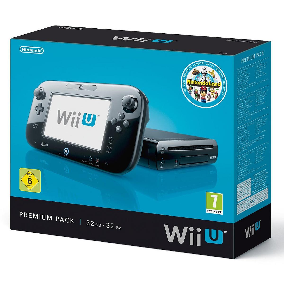 Wii U Verpackung mit schwarzem Wii U Controller und Konsole darauf.