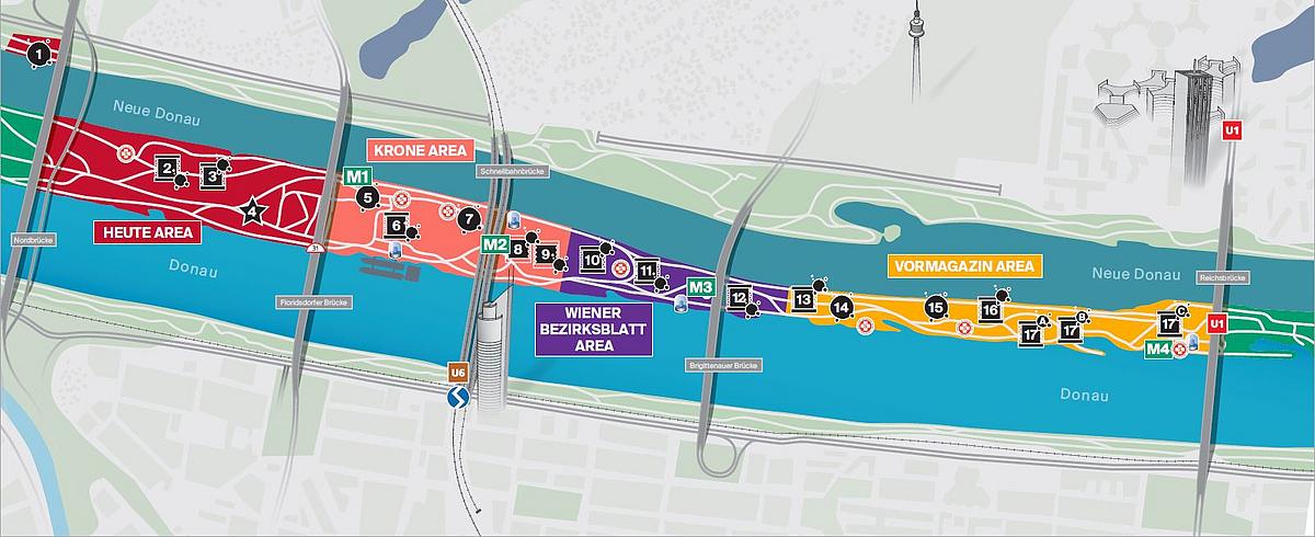 Plan zum Donauinselfest mit allen Bühnen und Standorten