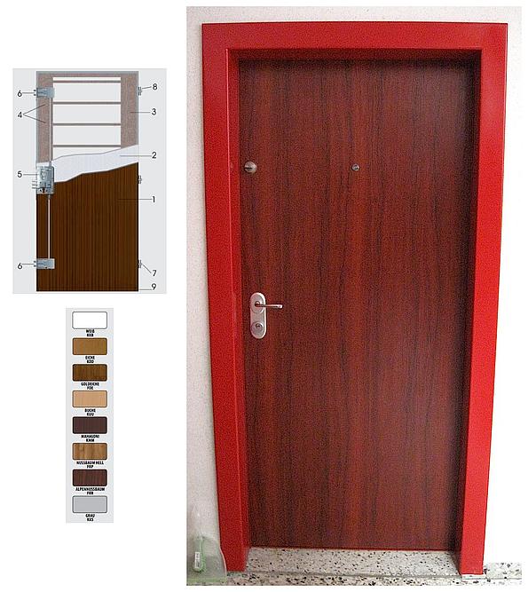 Brandschutztür und einbruchhemmende Tür mit roter Zarge und Türblatt in Holzoptik, Farbpalette und Detailzeichnung