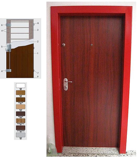 Brandschutztür und einbruchhemmende Tür mit roter Zarge und Türblatt in Holzoptik, Farbpalette und Detailzeichnung