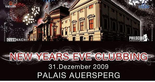 Werbeflyer New Years Eve Clubbing im Palais Auersperg, zu sehen das Palais mit Feuerwerk im Hintergrund