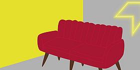 Digitaler Salon mit Animation von rotem Sofa auf gelb-grauem Hintergrund