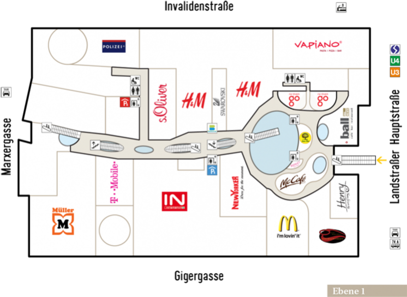 Plan von Ebene 1 des Einkaufszentrums Wien Mitte The Mall