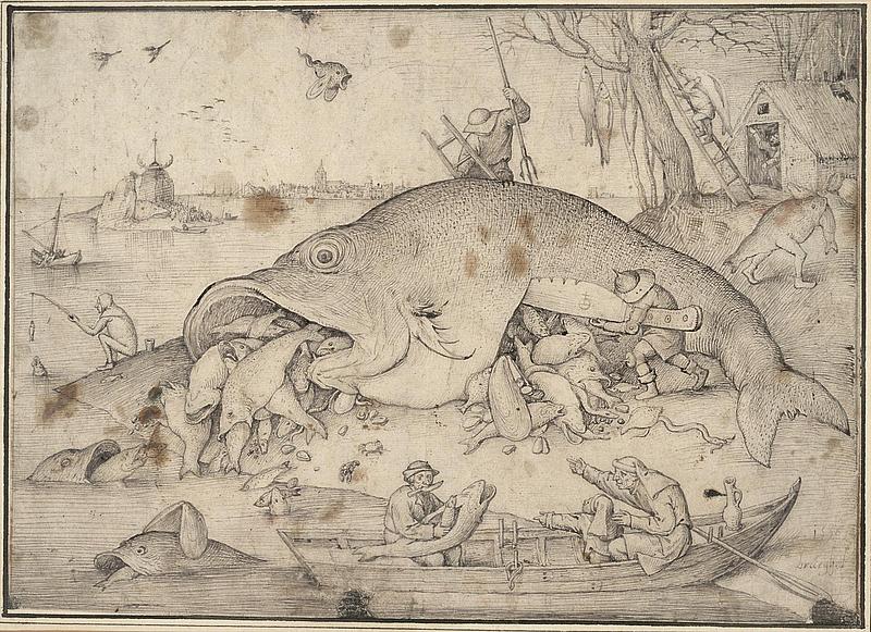 Zeichnung des Malers Bruegel mit großen Fischen im Hintergurnd, in deren Maul sich kleinere befinden. Im Vordergrund ist ein Boot mit zwei Fischern zu sehen.
