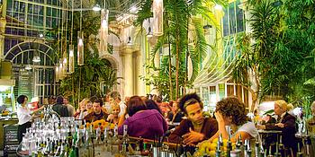 Das Palmenhaus Restaurant innen mit Menschen an der Bar. Palmen bis an die Decke gewachsen