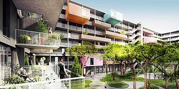 Häuserfassade Smart-Wohnungen, moderner Wohnkomplex von außen, Fassade mit Balkonen, begrünter Innenbereich mit Bäumen