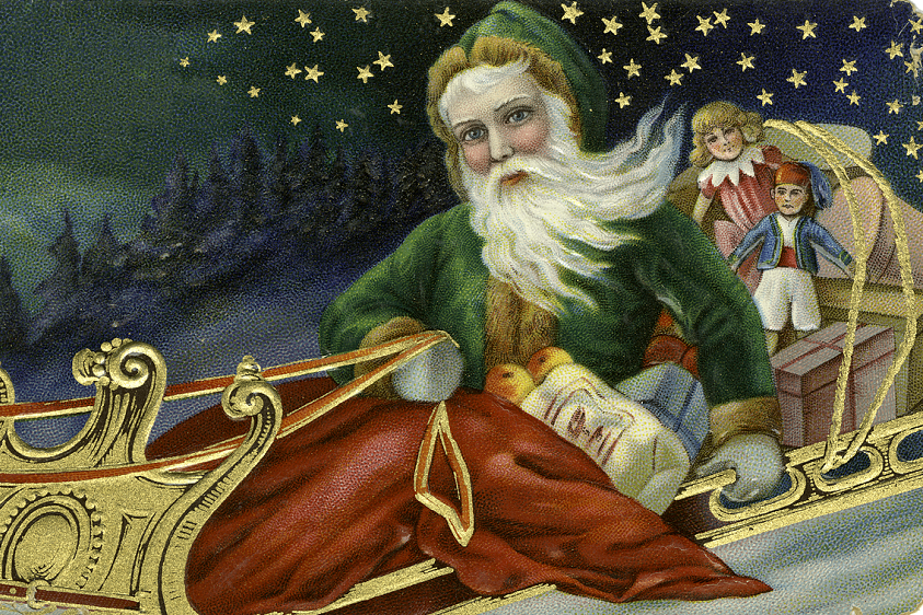 Antike Zeichnung von Weihnachtsmann mit Kindern