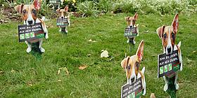 Kampagne der Stadt Wien gegen Verunreinigung durch Hundekot. Hund hält Schild mit "Nimm ein Sackerl für mein Gackerl"