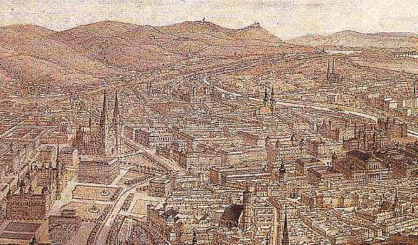 Zeichnung vom Wiener Alsergrund als Panorama um 1873