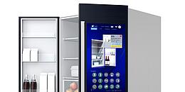Grafik eines smarten Kühlschranks, befüllt mit Lebensmitteln, die auf dem Display angezeigt werden.